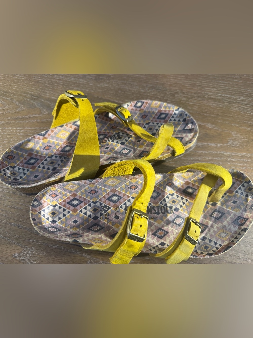 Birkenstock Yellow Suede Buckle Sandals with Patterned Footbed